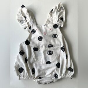 Jessica Simpson girl’s romper white background, black polka dots.  Size 6-9M.
